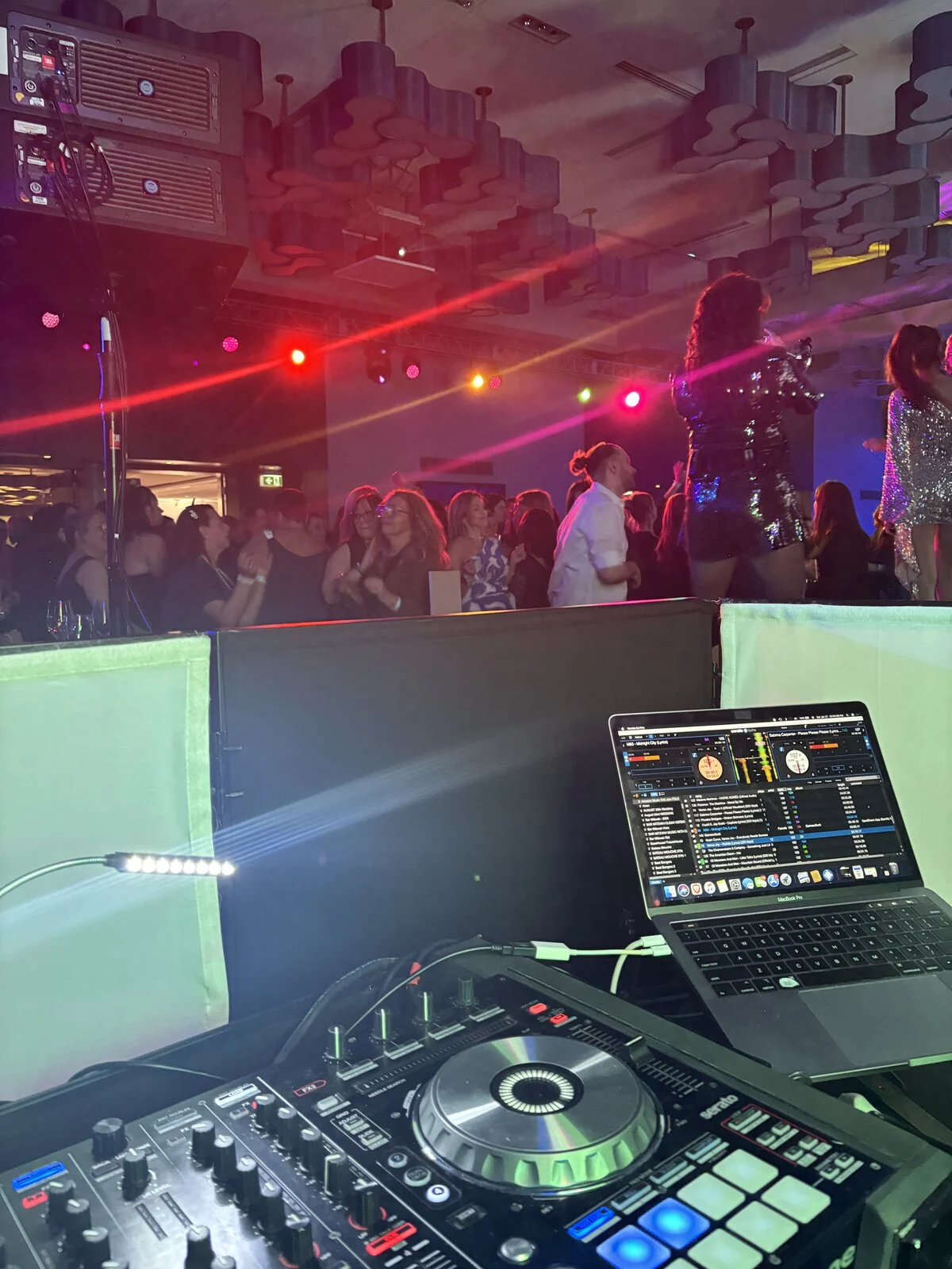 Holiday party dance floor with festive lighting